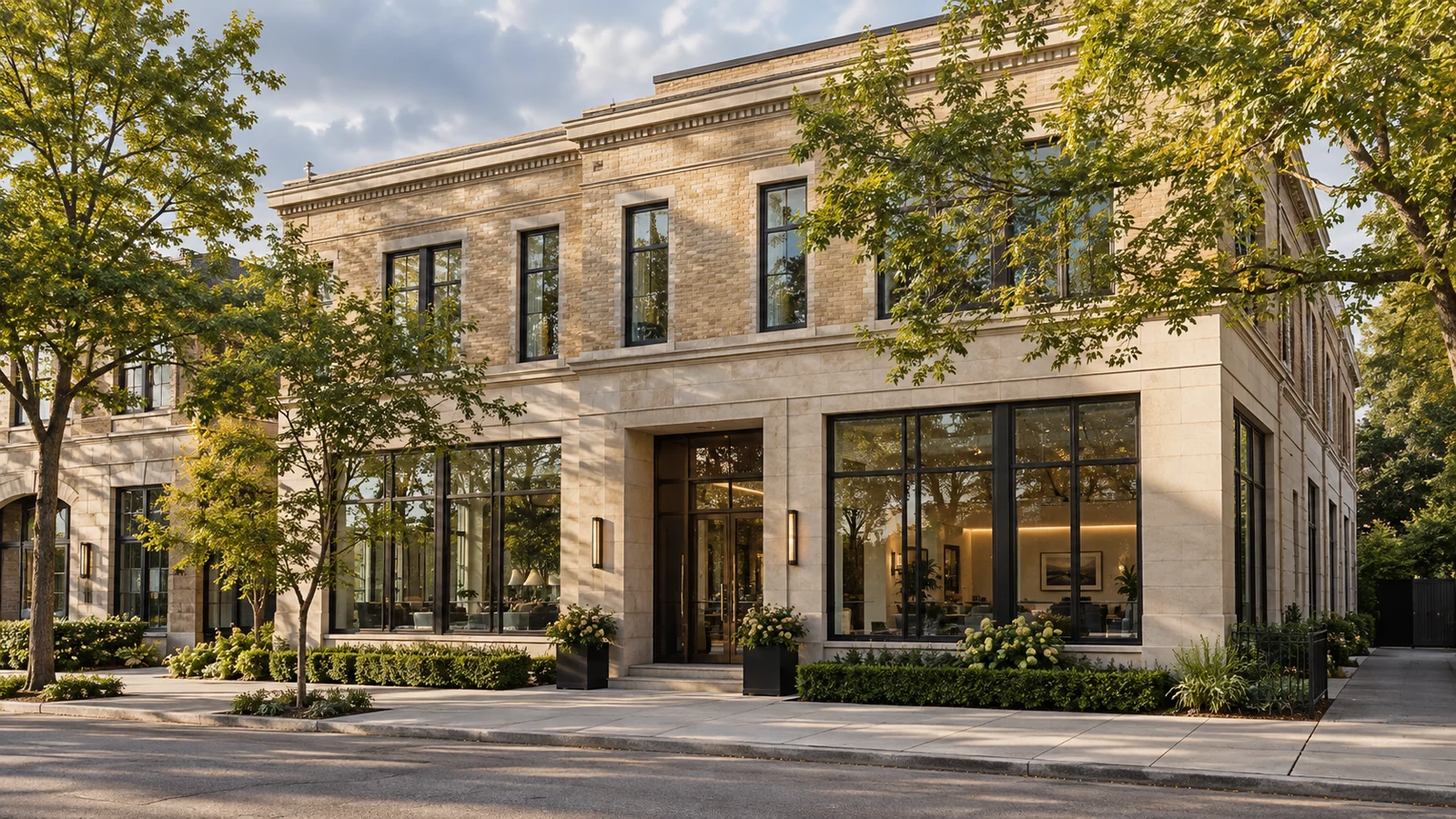 Architectural illustration of a commercial property with limestone and brick façades.
