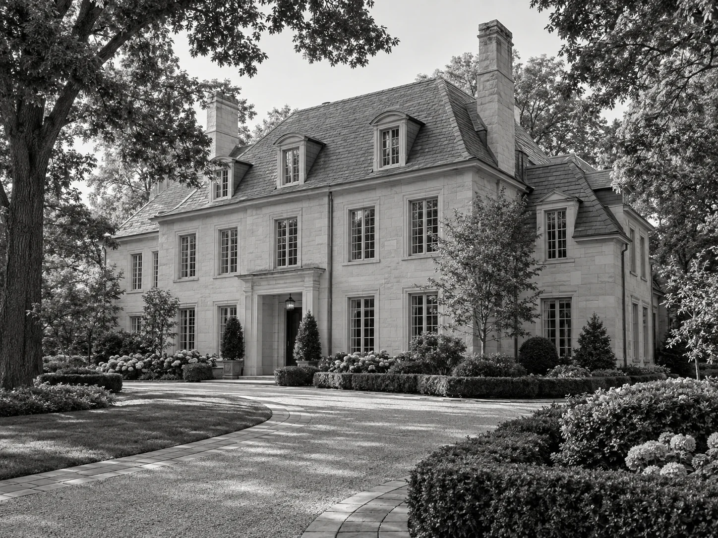 Black-and-white architectural illustration of a limestone estate set among mature trees.