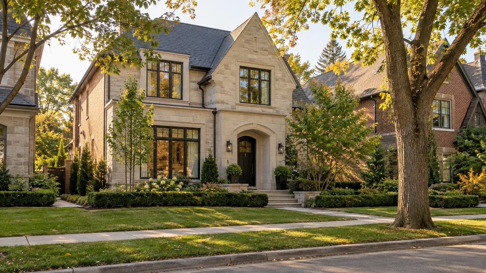 Architectural illustration of an upscale home in an established residential neighbourhood.
